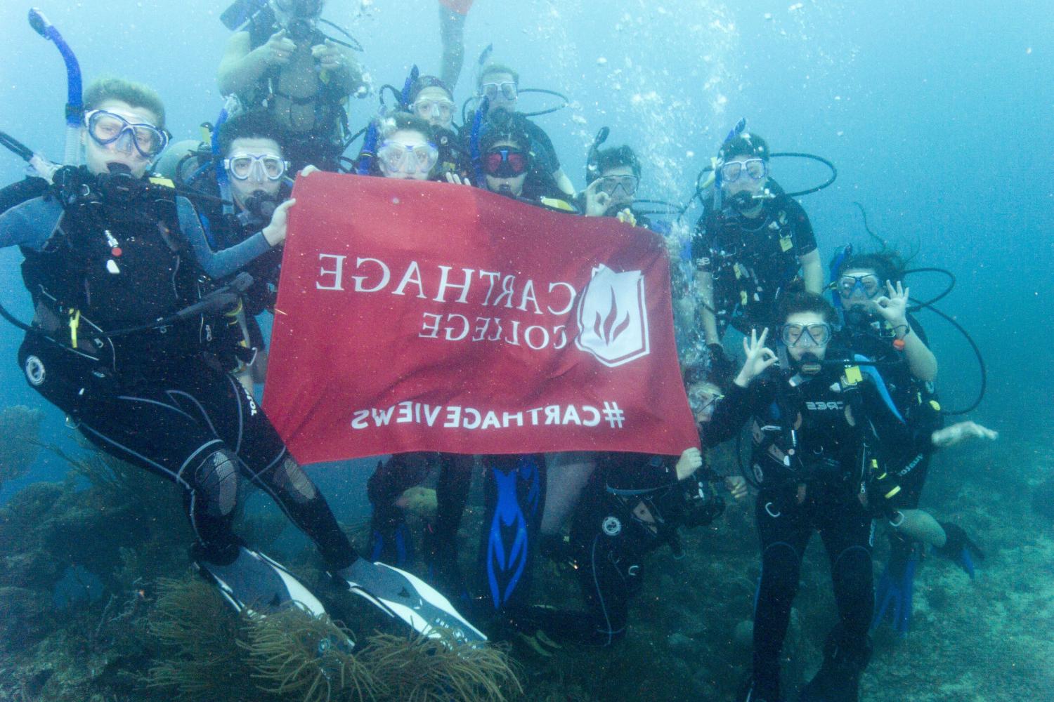 学生们手持<a href='http://zvo.spreadcrushers.com'>bv伟德ios下载</a>旗帜，在j学期洪都拉斯游学之旅中潜水.